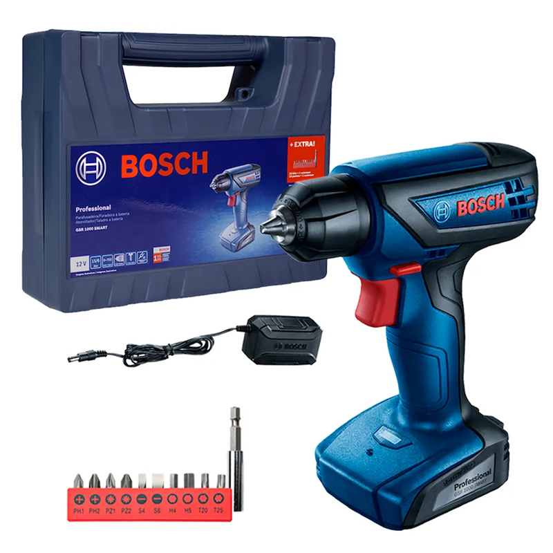 Furadeira/Parafusadeira a Bateria + Maleta + Jogo de Bits GSR SMART 1000 12V Bosch